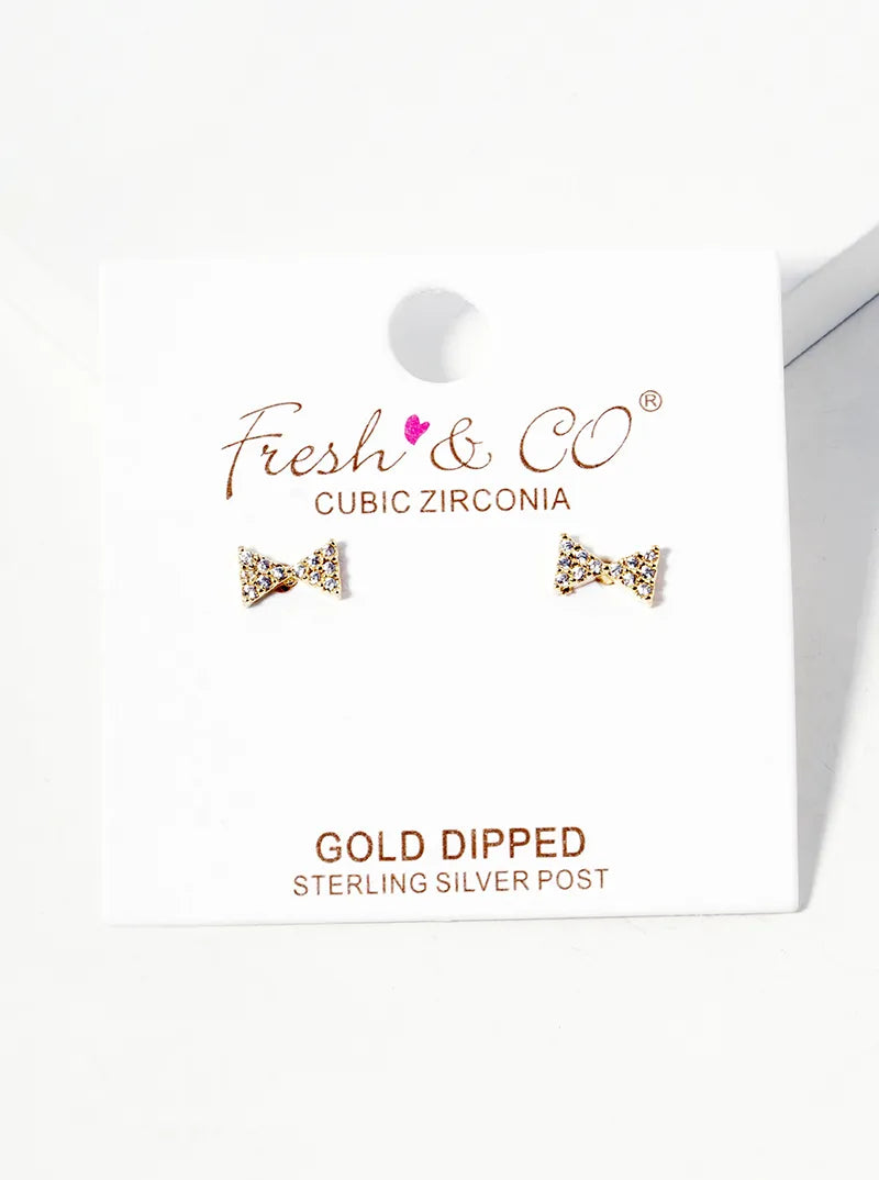 18K Gold Dipped CZ Pave 4mm Ribbon Bow Post Stud Earrings
