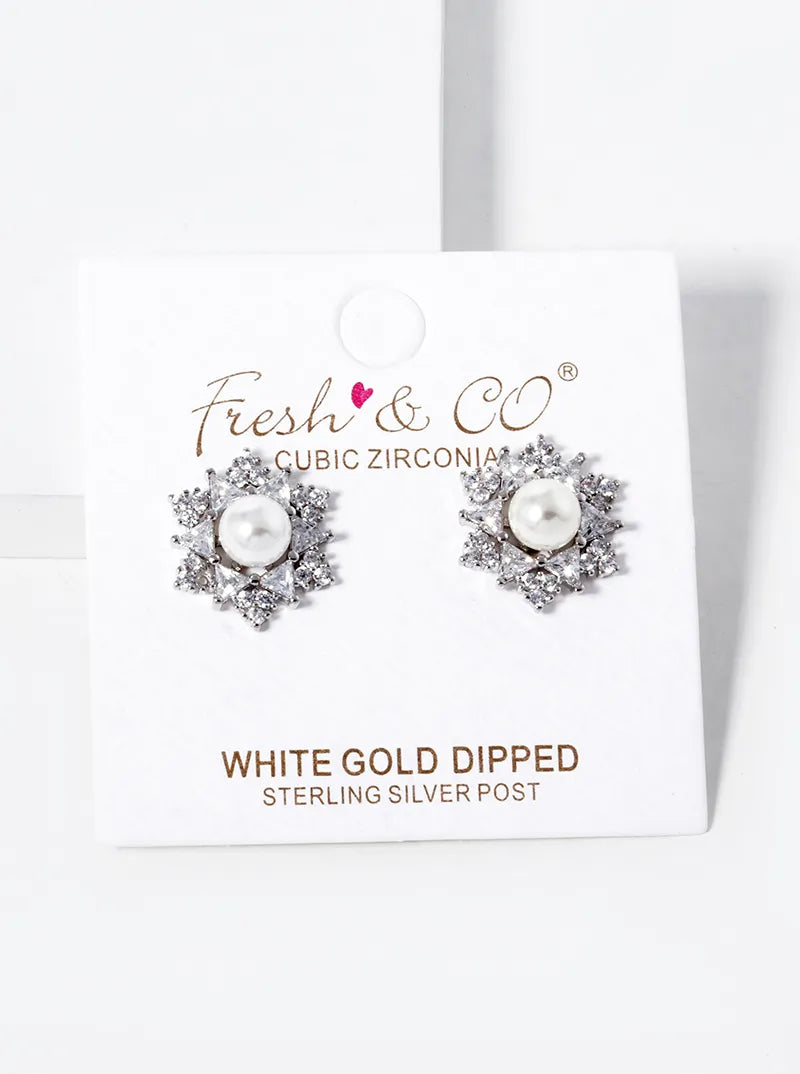 18K Gold Dipped CZ Pave 6mm Pearl Stud Earrings