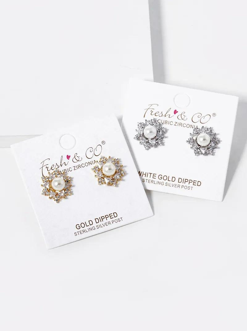 18K Gold Dipped CZ Pave 6mm Pearl Stud Earrings