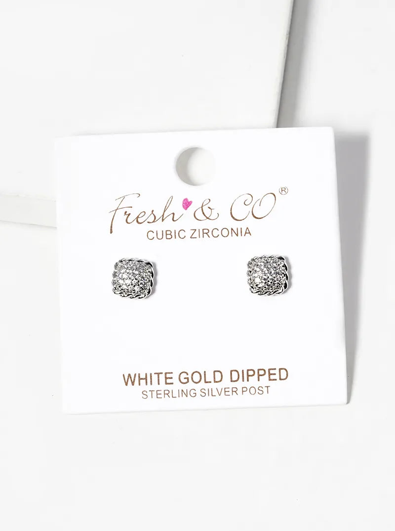 18K Gold Dipped CZ Pave 6mm Square Post Stud Earrings