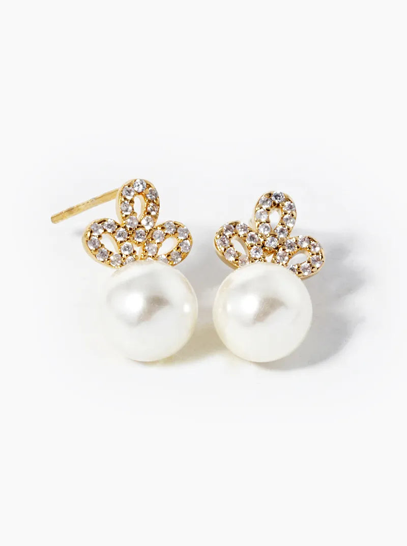 18K-Gold-Dipped CZ Pave 7mm Pearl Drop Stud Earrings