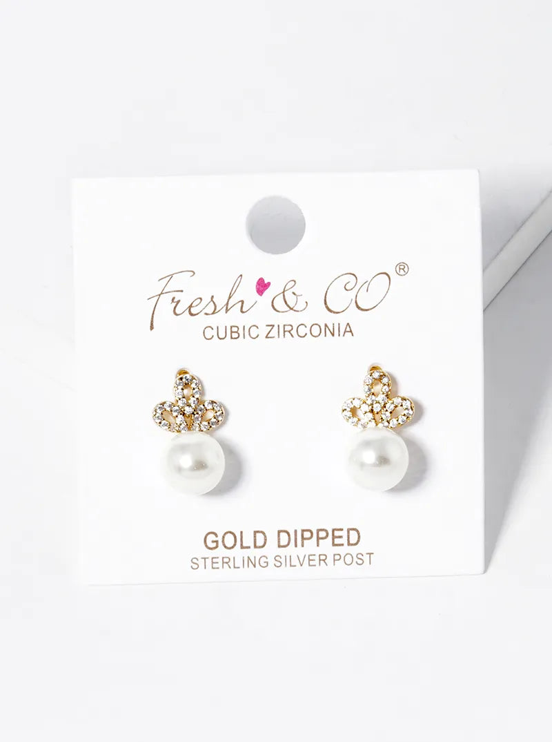 18K-Gold-Dipped CZ Pave 7mm Pearl Drop Stud Earrings