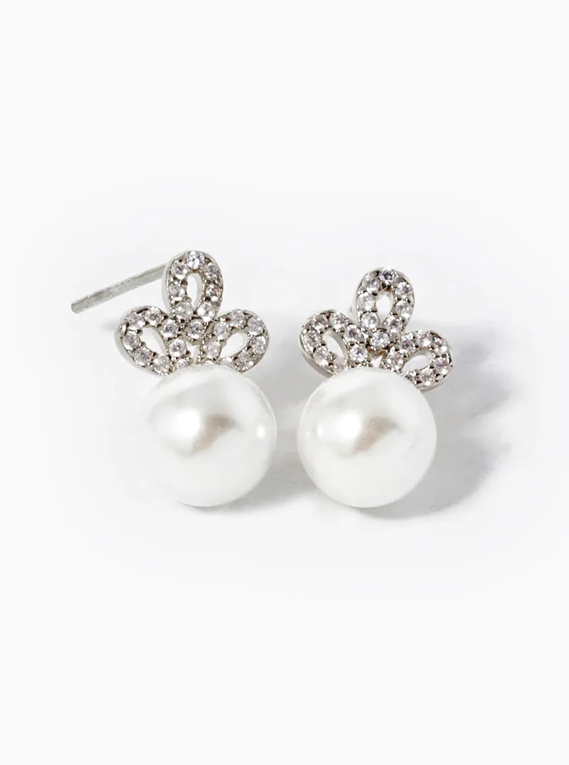 18K-Gold-Dipped CZ Pave 7mm Pearl Drop Stud Earrings