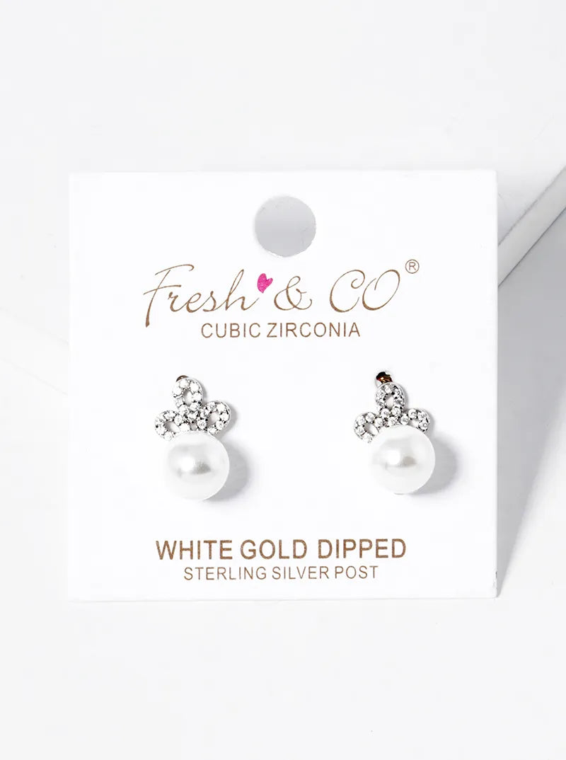 18K-Gold-Dipped CZ Pave 7mm Pearl Drop Stud Earrings
