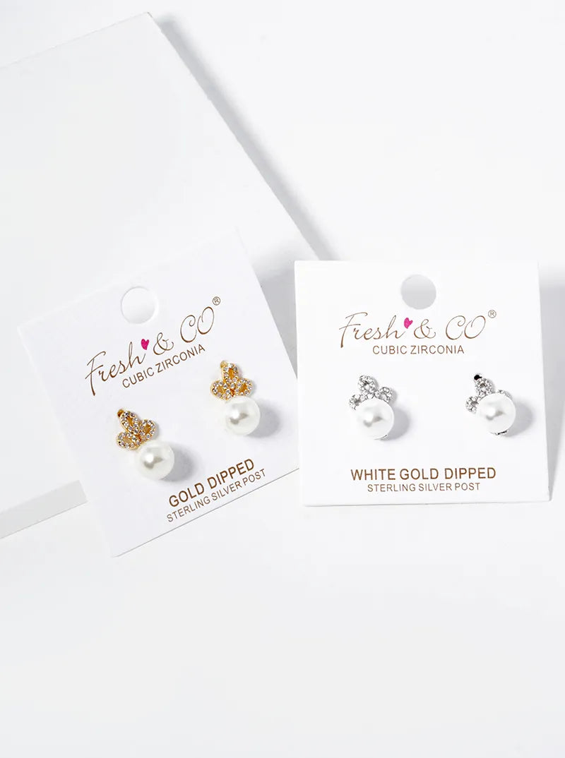 18K-Gold-Dipped CZ Pave 7mm Pearl Drop Stud Earrings