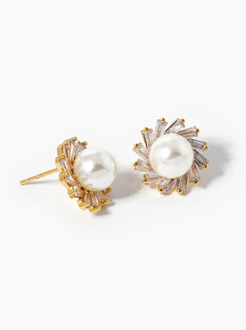 18K-Gold-Dipped CZ Pave 8mm Pearl Stud Earrings