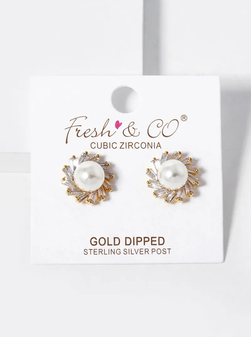 18K-Gold-Dipped CZ Pave 8mm Pearl Stud Earrings