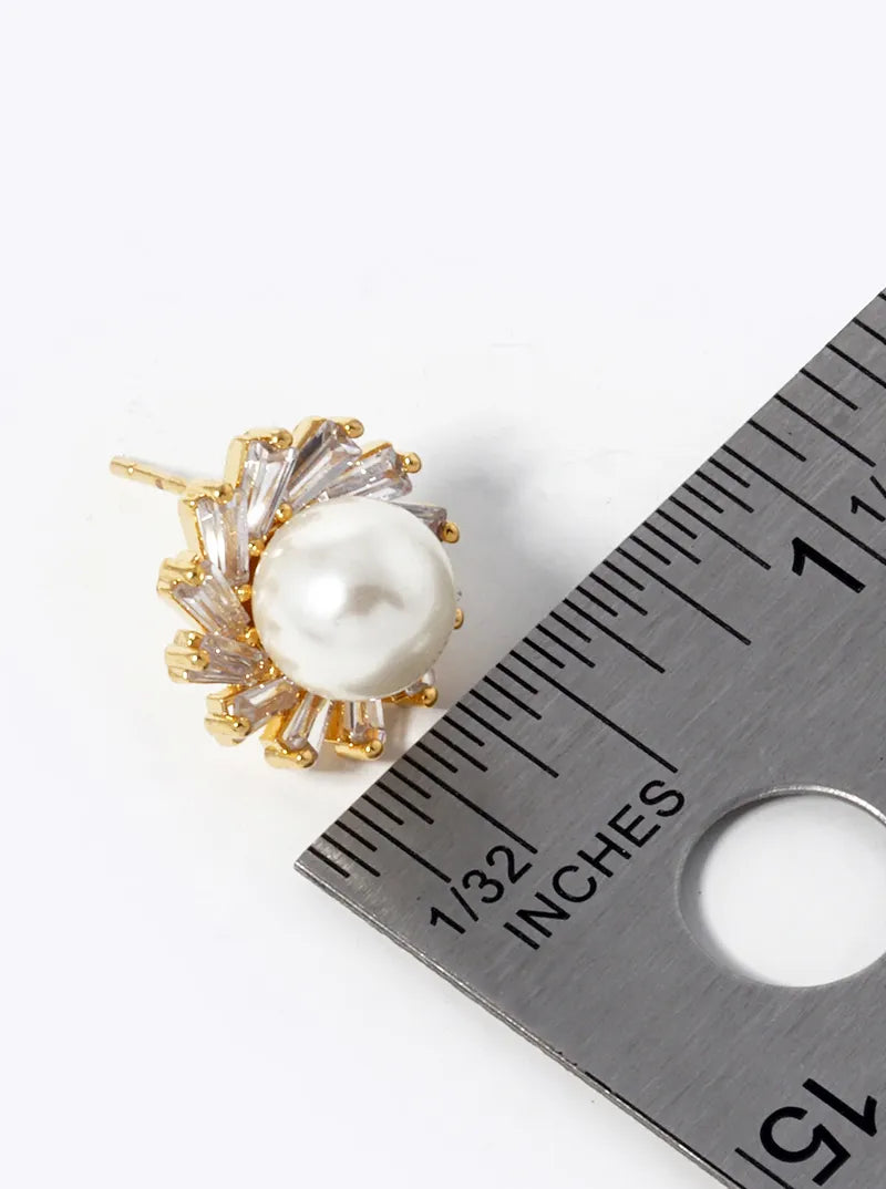 18K-Gold-Dipped CZ Pave 8mm Pearl Stud Earrings
