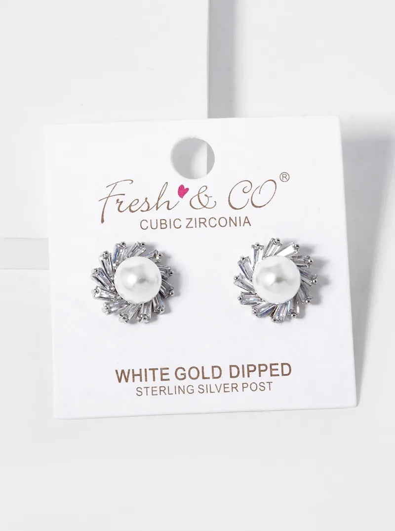 18K-Gold-Dipped CZ Pave 8mm Pearl Stud Earrings