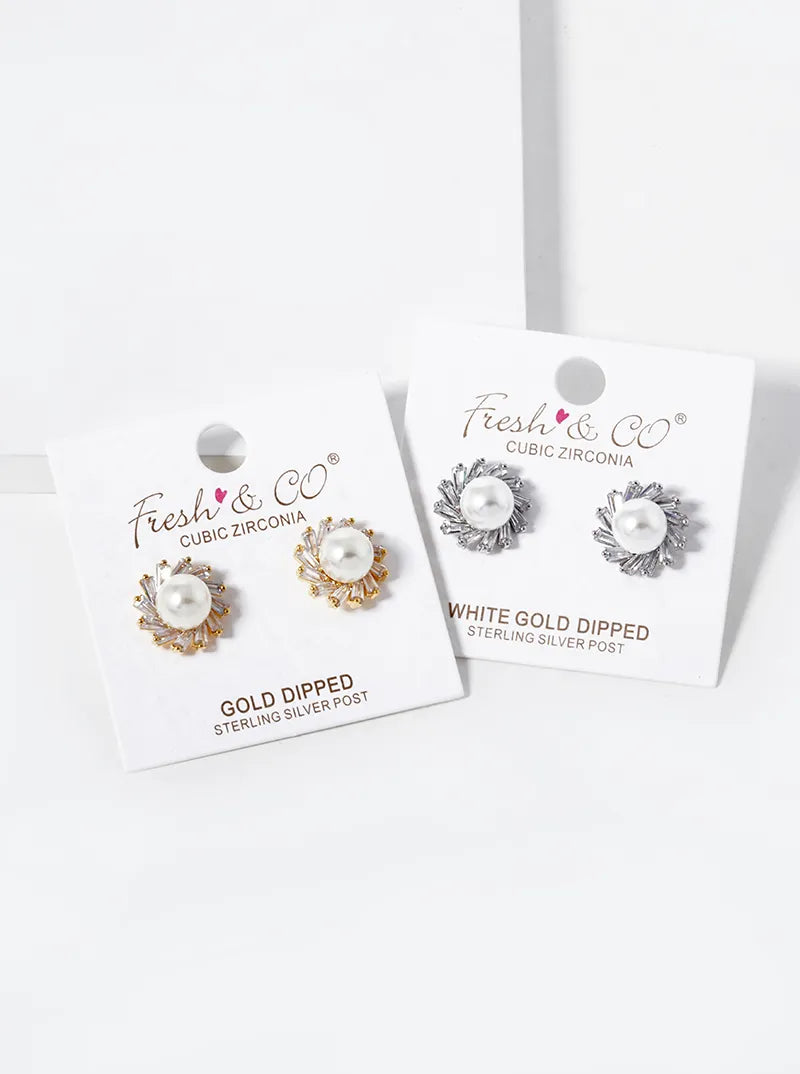 18K-Gold-Dipped CZ Pave 8mm Pearl Stud Earrings