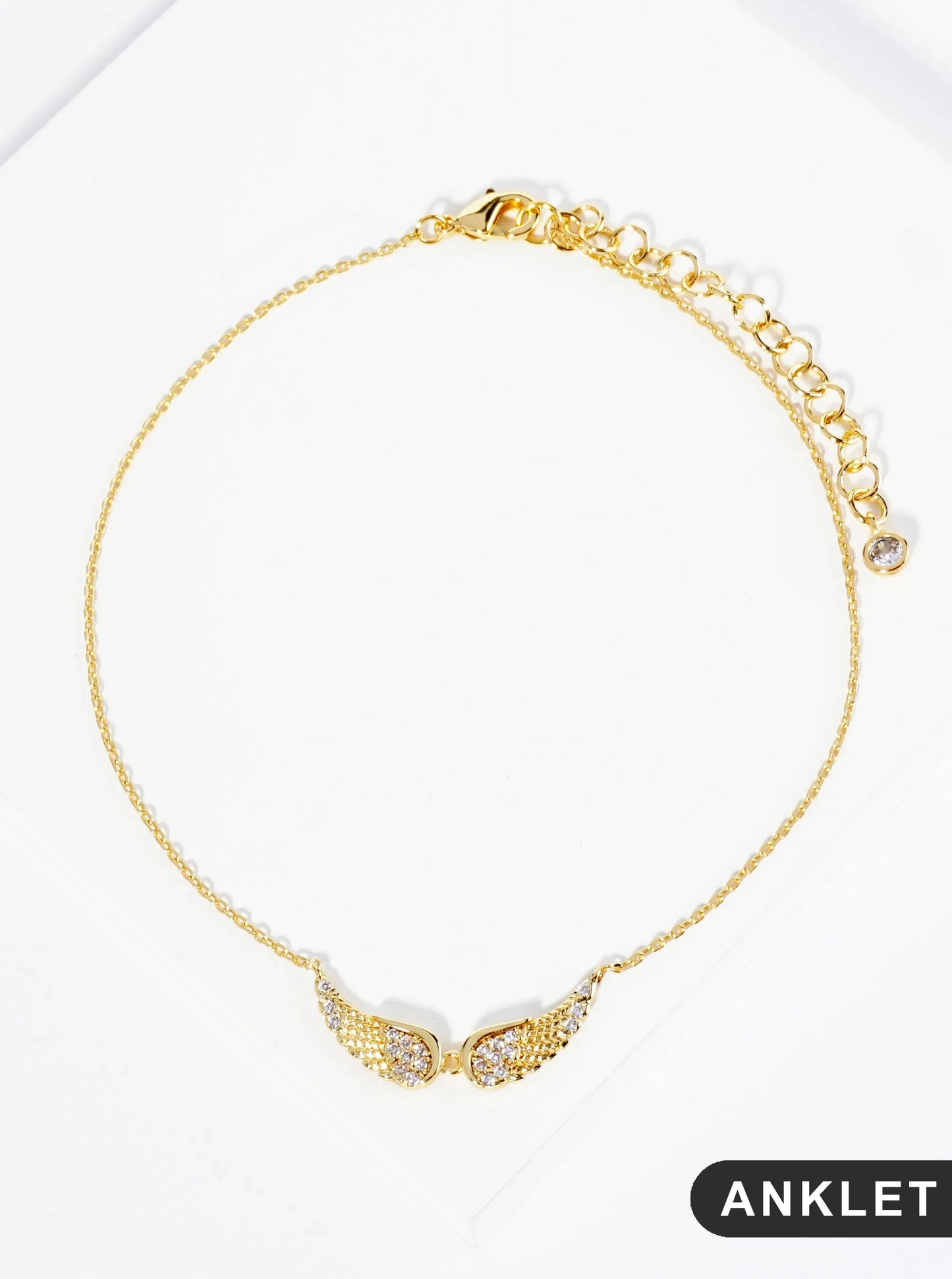 18K Gold Dipped CZ Pave Angel Wing Brass Chain Anklet