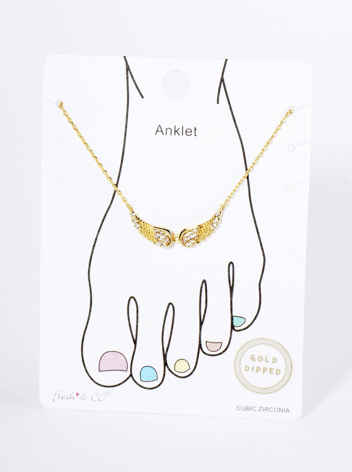 18K Gold Dipped CZ Pave Angel Wing Brass Chain Anklet