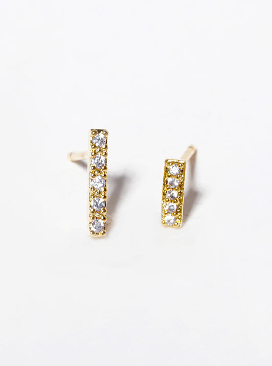 18K-Gold-Dipped CZ Pave Asymmetric Bar Brass Stud Earrings