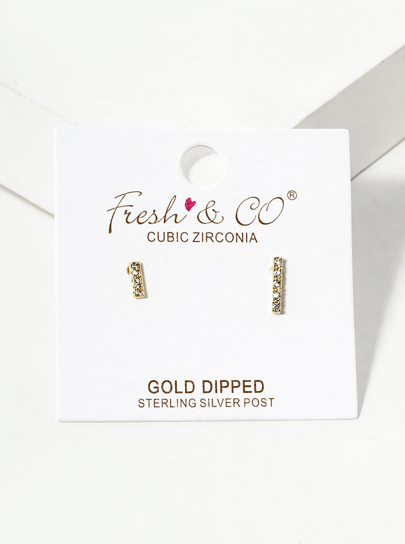 18K-Gold-Dipped CZ Pave Asymmetric Bar Brass Stud Earrings