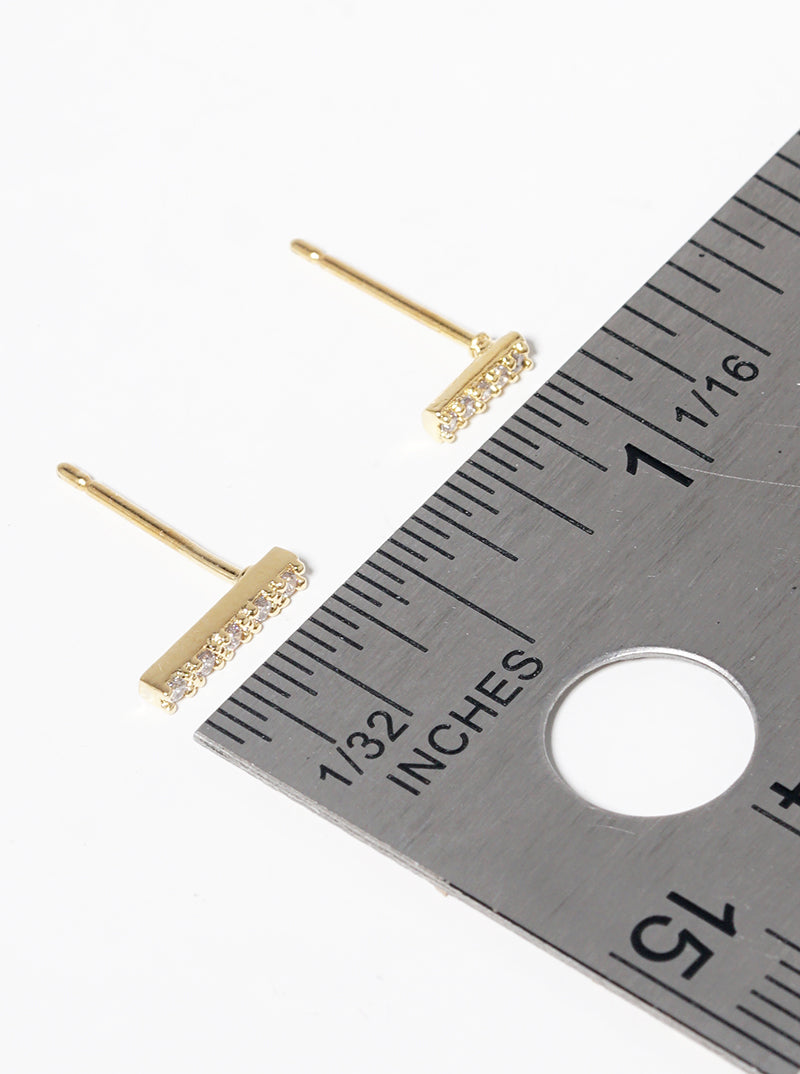 18K-Gold-Dipped CZ Pave Asymmetric Bar Brass Stud Earrings
