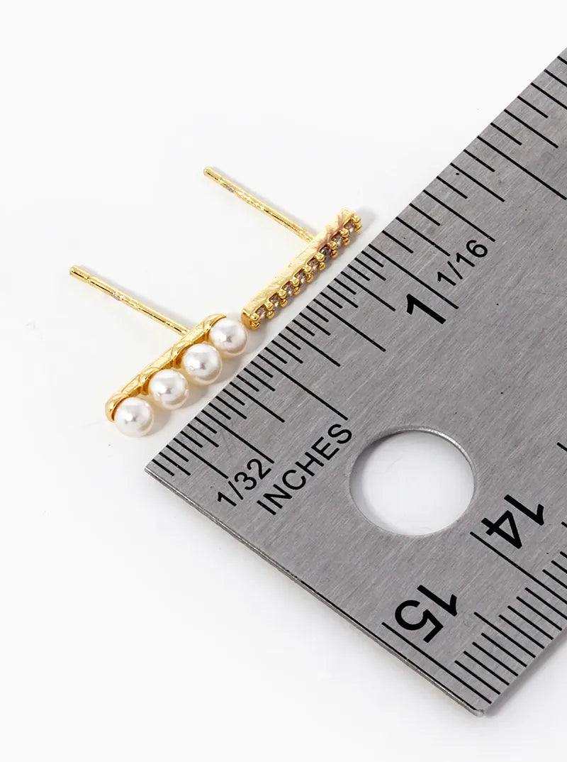 18K-Gold-Dipped CZ Pave Bar Pearl Beaded Bar Stud Earrings