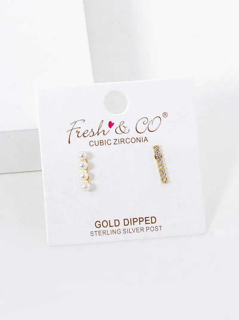 18K-Gold-Dipped CZ Pave Bar Pearl Beaded Bar Stud Earrings
