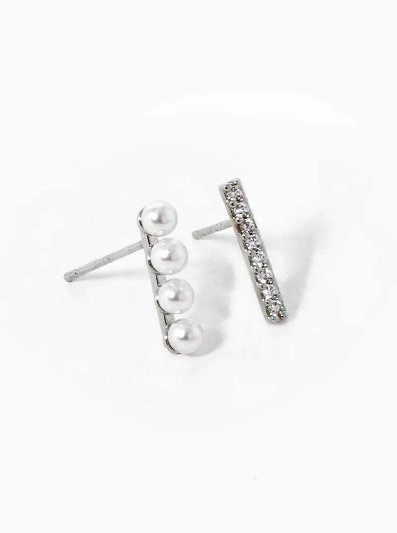18K-Gold-Dipped CZ Pave Bar Pearl Beaded Bar Stud Earrings