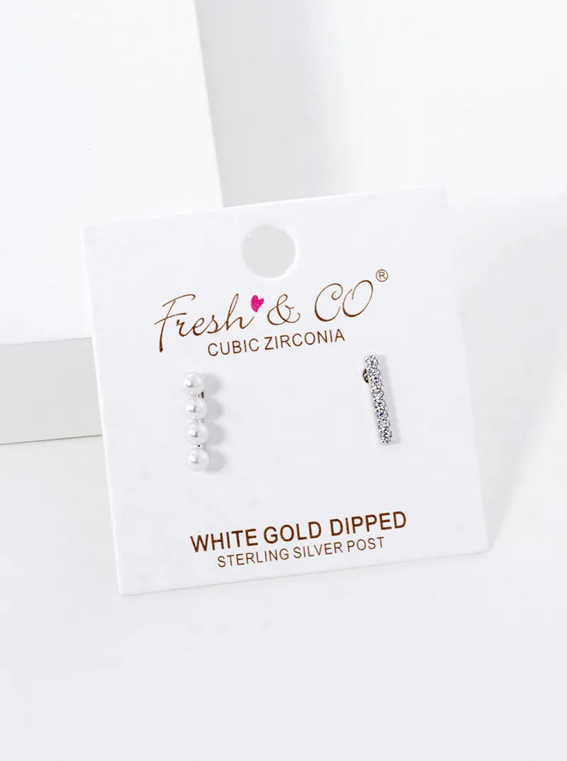 18K-Gold-Dipped CZ Pave Bar Pearl Beaded Bar Stud Earrings