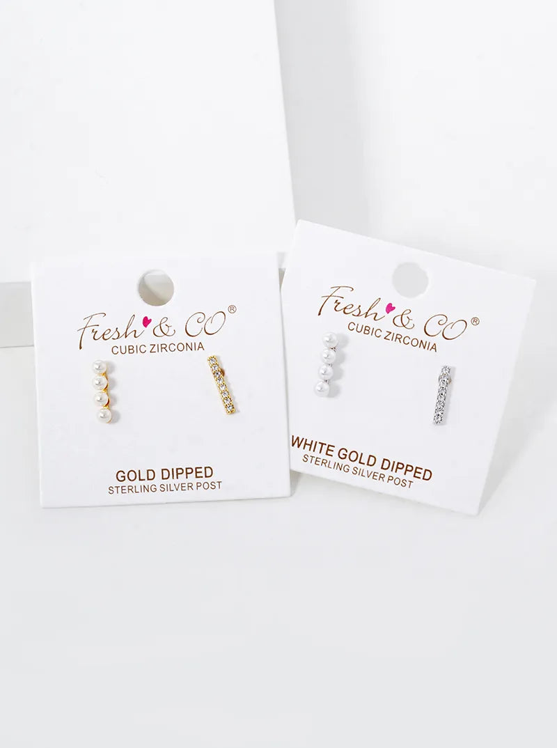 18K-Gold-Dipped CZ Pave Bar Pearl Beaded Bar Stud Earrings