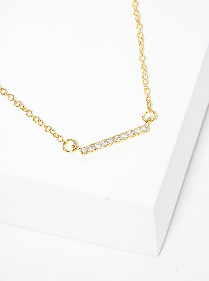 18K Gold Dipped CZ Pave Bar Pendant Delicate Brass Necklace