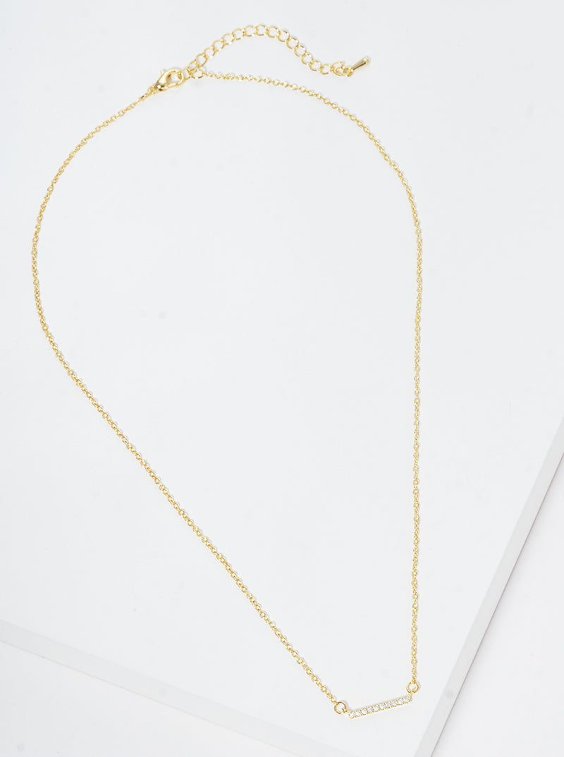 18K Gold Dipped CZ Pave Bar Pendant Delicate Brass Necklace