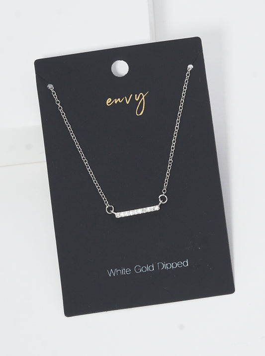 18K Gold Dipped CZ Pave Bar Pendant Delicate Brass Necklace