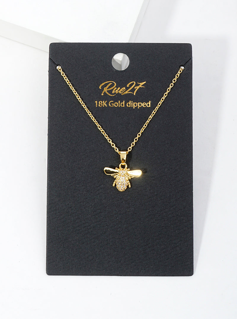 18K Gold Dipped CZ Pave Bumblebee Pendant Necklace
