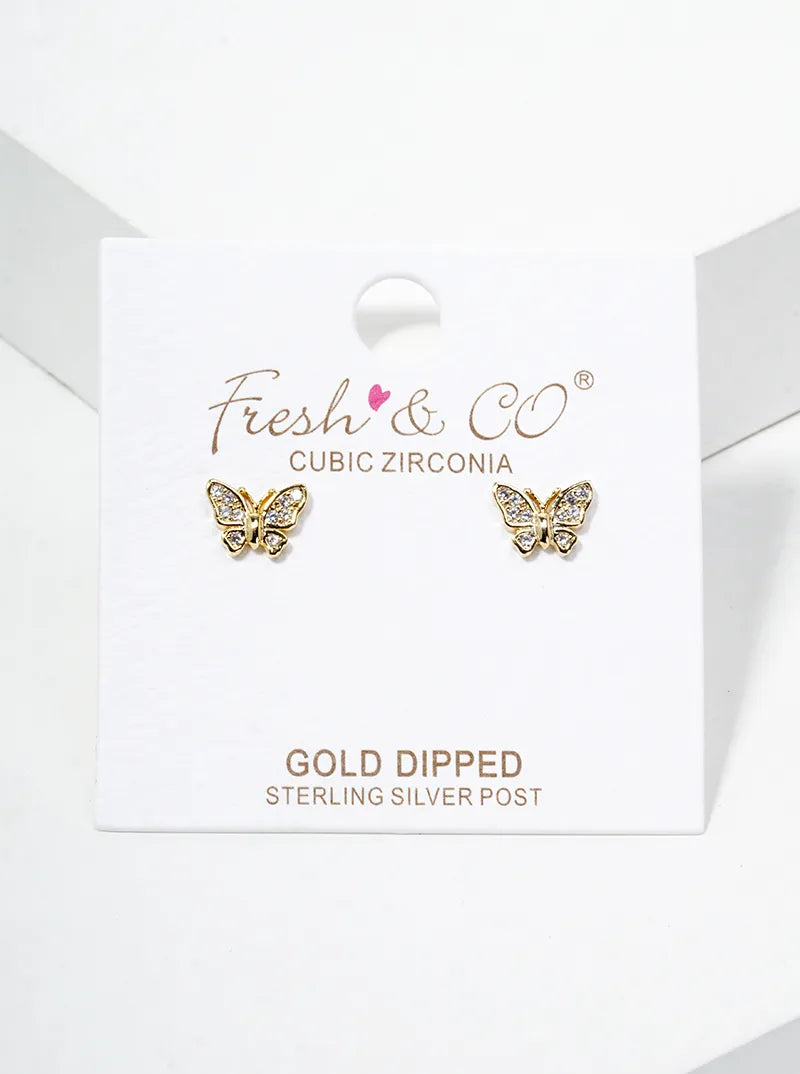 18K Gold Dipped CZ Pave Butterfly Dainty Stud Earrings
