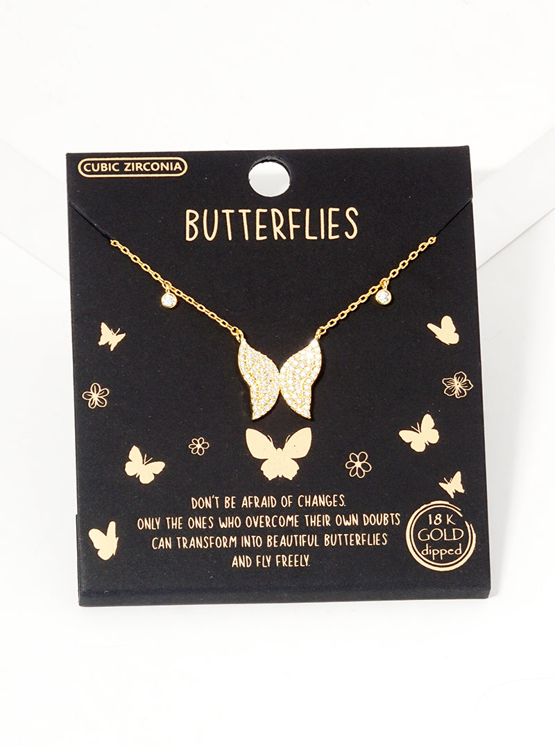 White Gold Dipped CZ Pave Butterfly Pendant Necklace