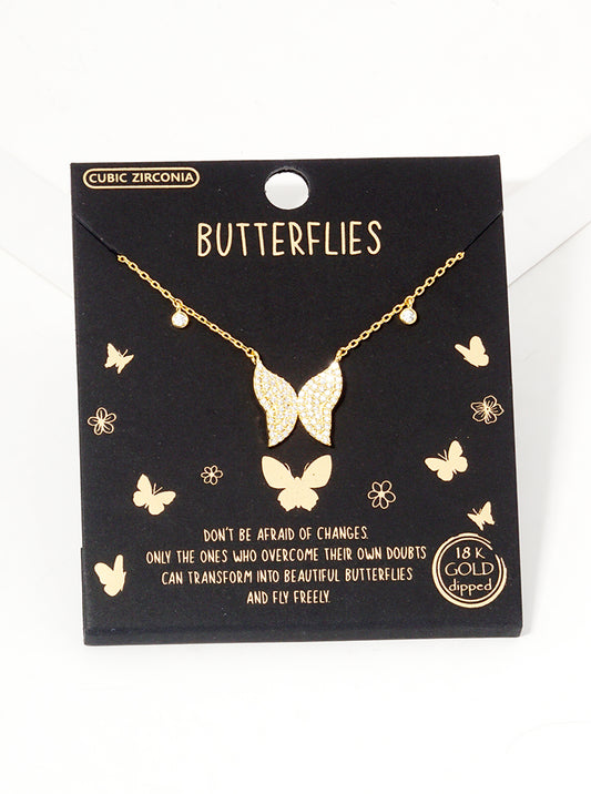 18K Gold Dipped CZ Pave Butterfly Pendant Necklace