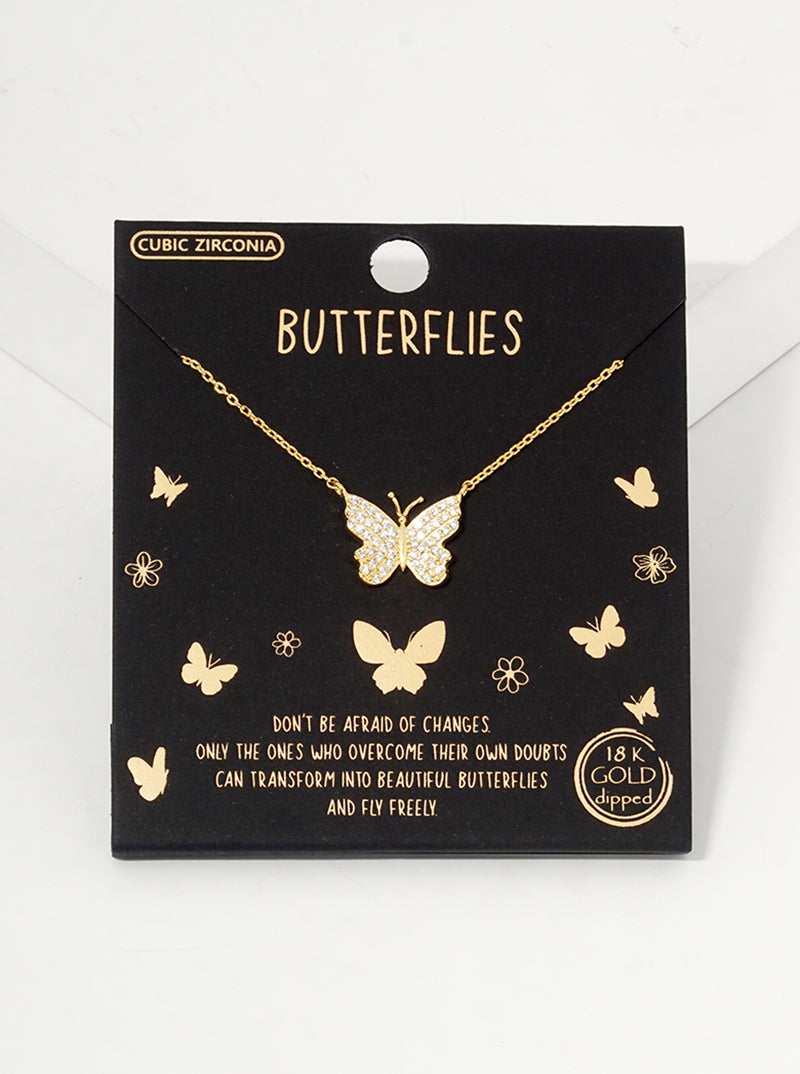 White Gold Dipped CZ Pave Butterfly Pendant Necklace