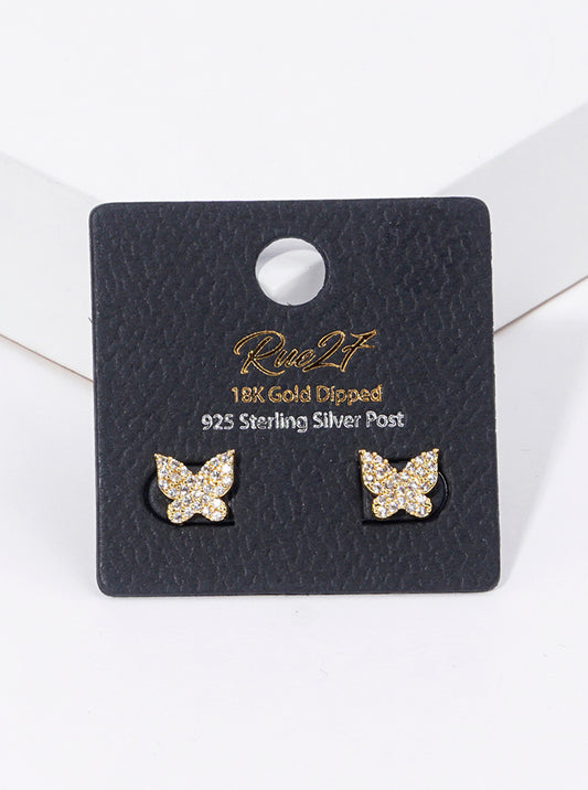 18K Gold Dipped CZ Pave Butterfly Stud Earrings