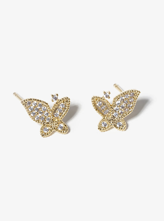 White Gold Dipped CZ Pave Butterfly Stud Earrings