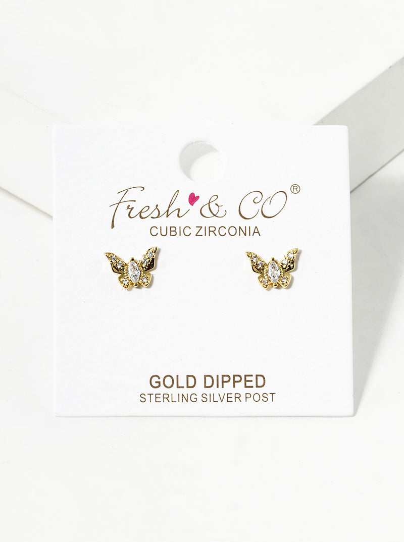 White Gold Dipped Geometric CZ Bar Pearl Post Stud Earrings