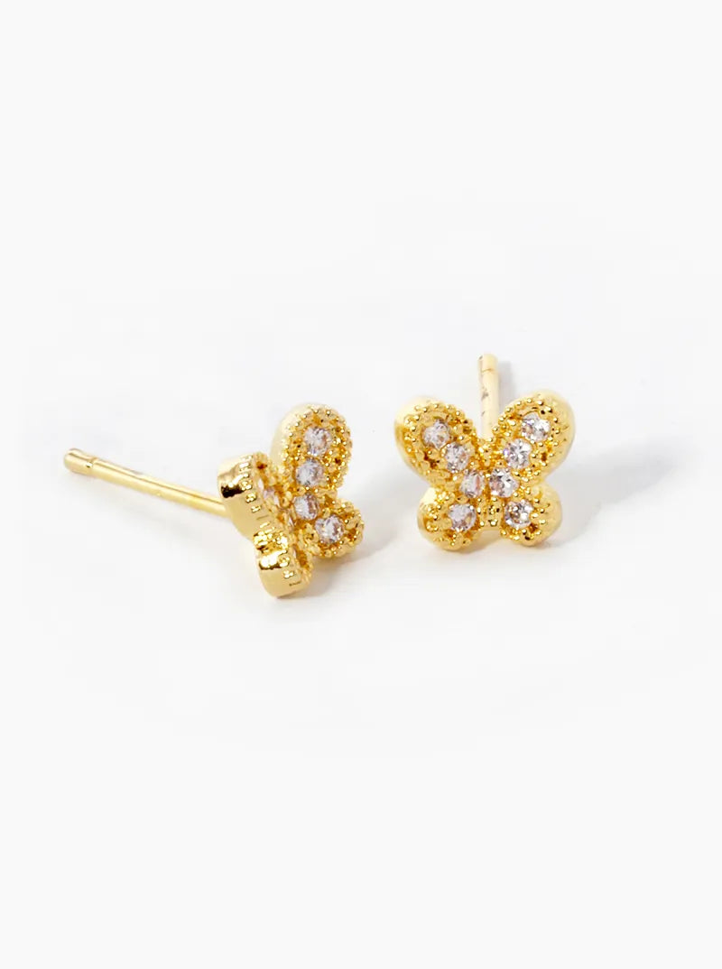 18K-Gold-Dipped CZ Pave Butterfly Stud Earrings