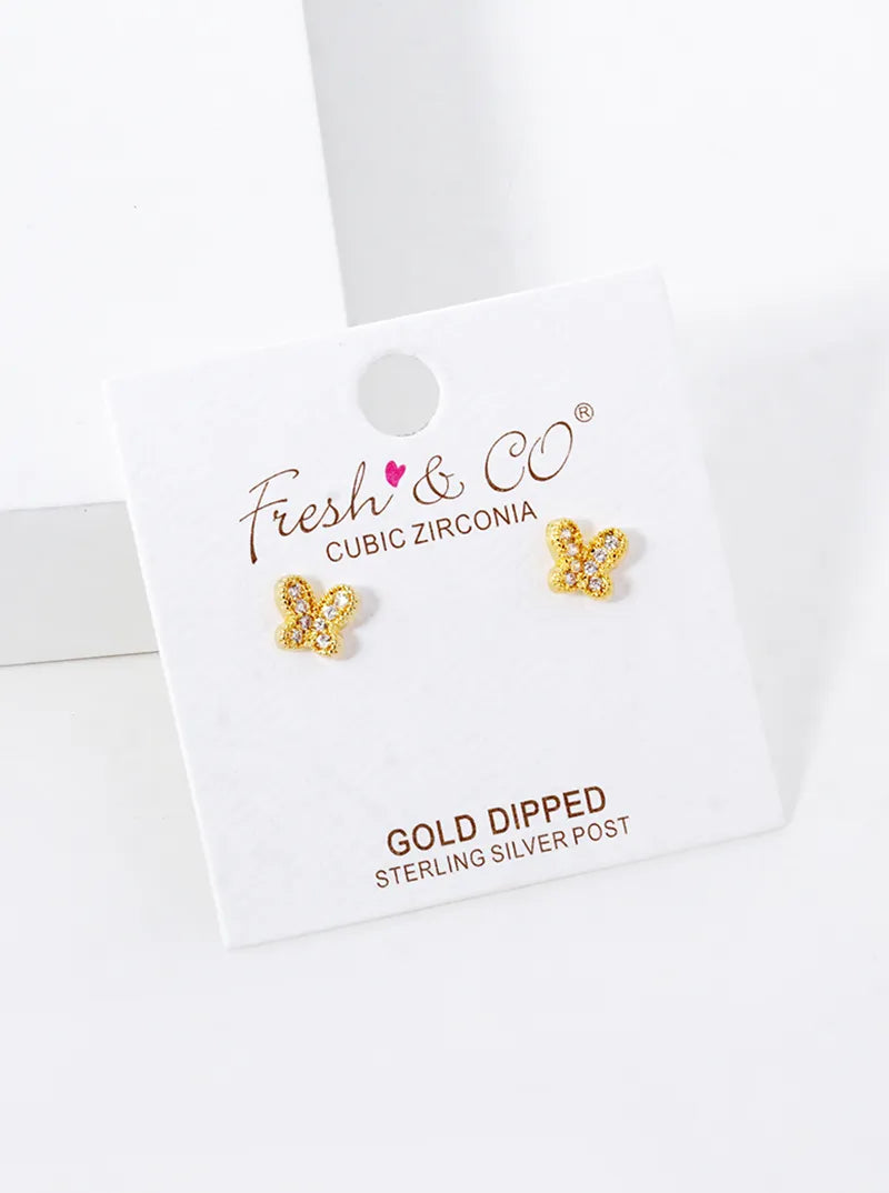 18K-Gold-Dipped CZ Pave Butterfly Stud Earrings