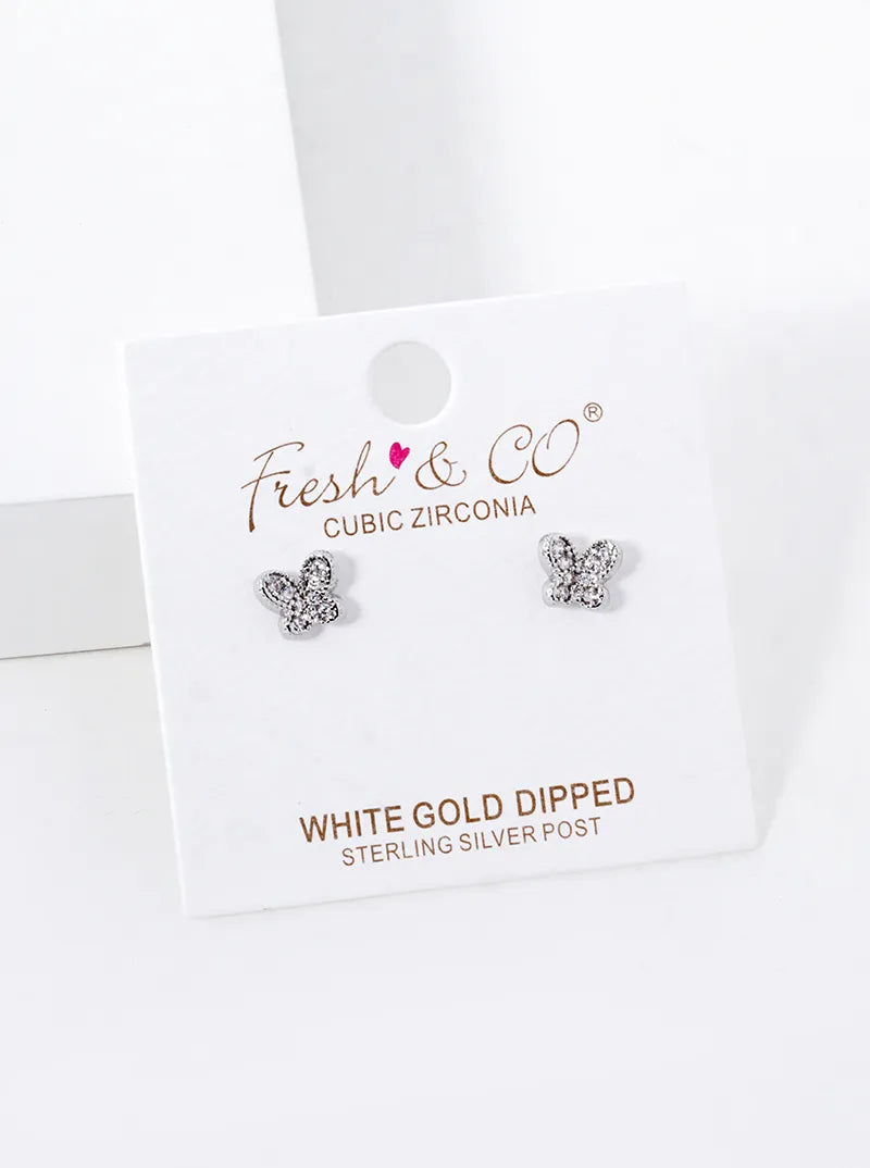 18K-Gold-Dipped CZ Pave Butterfly Stud Earrings