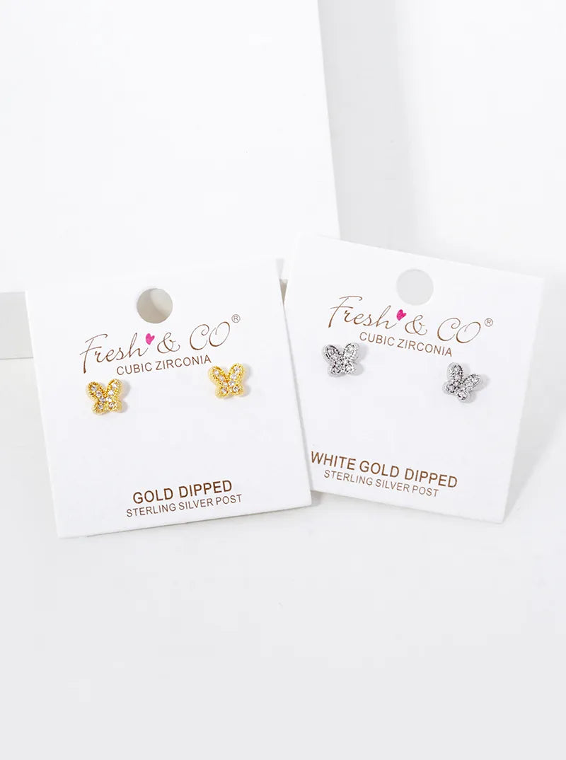 18K-Gold-Dipped CZ Pave Butterfly Stud Earrings