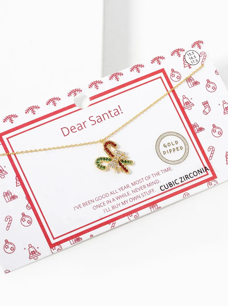 18K Gold Dipped CZ Pave Christmas Candy Cane Pendant Necklace