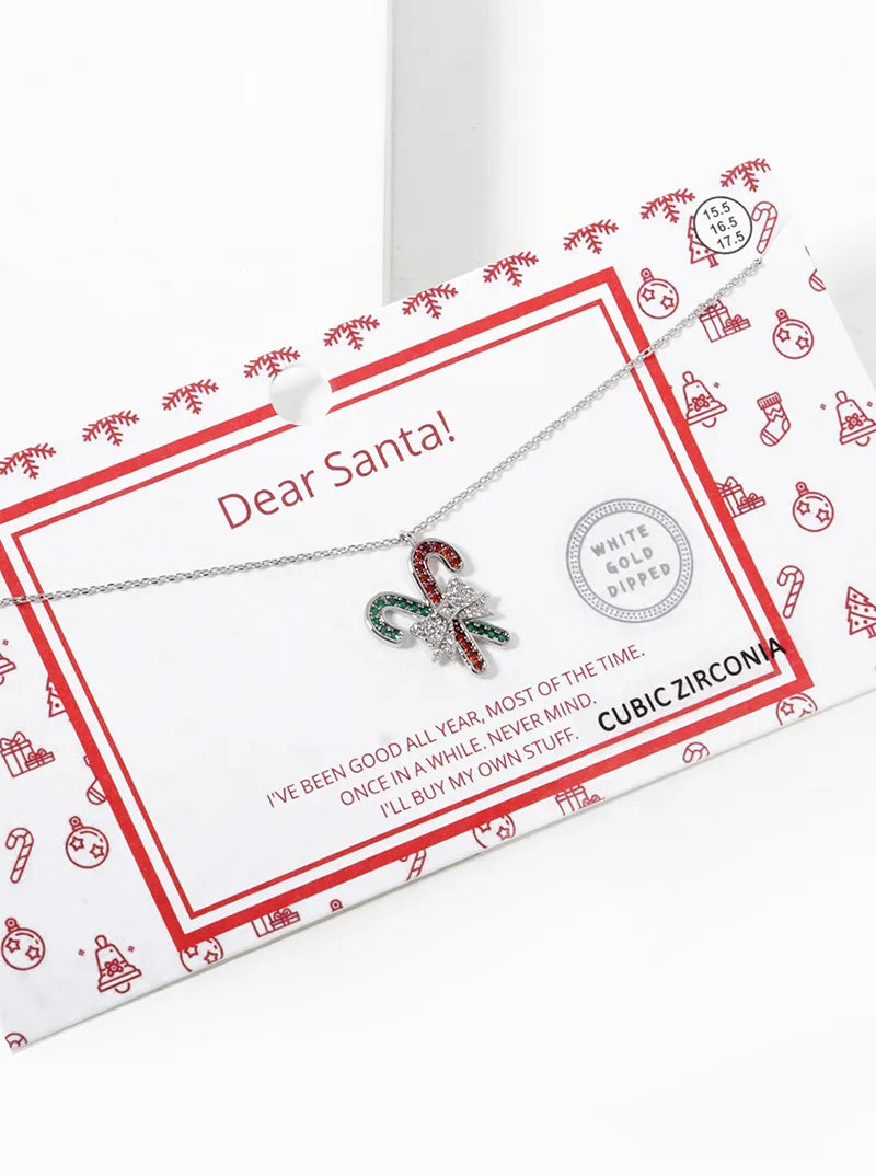 18K Gold Dipped CZ Pave Christmas Candy Cane Pendant Necklace
