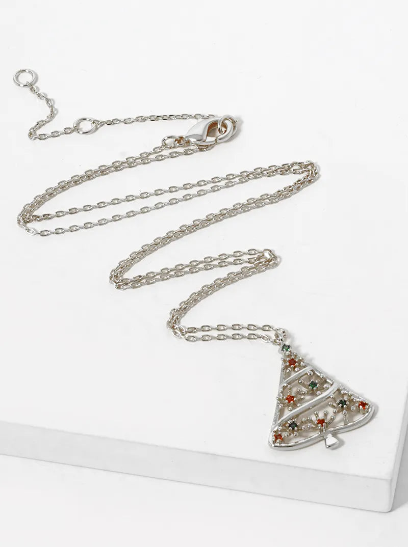 White Gold Dipped CZ Pave Christmas Tree Pendant Necklace