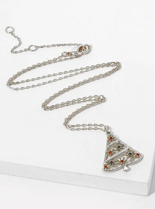 White Gold Dipped CZ Pave Christmas Tree Pendant Necklace