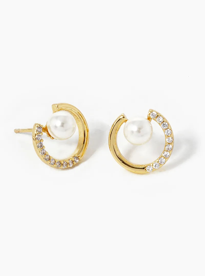 18K Gold Dipped CZ Pave Circle With Pearl Stud Earrings