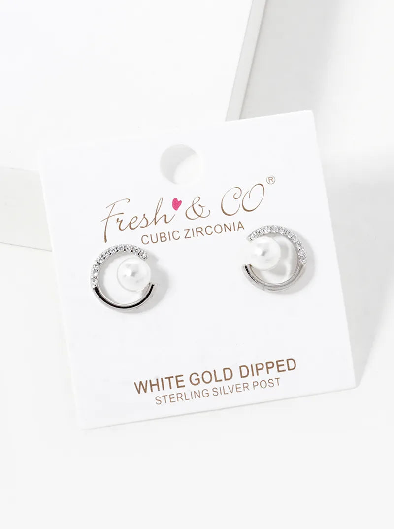 18K Gold Dipped CZ Pave Circle With Pearl Stud Earrings