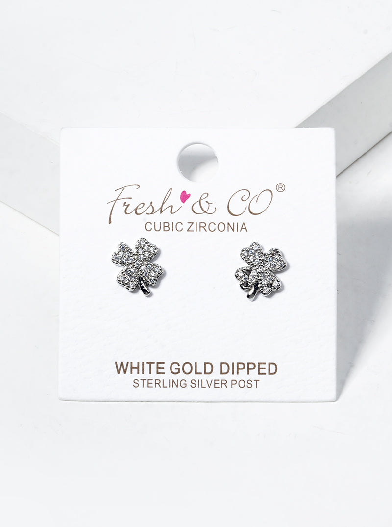 18K Gold Dipped CZ Pave Clover Stud Earrings