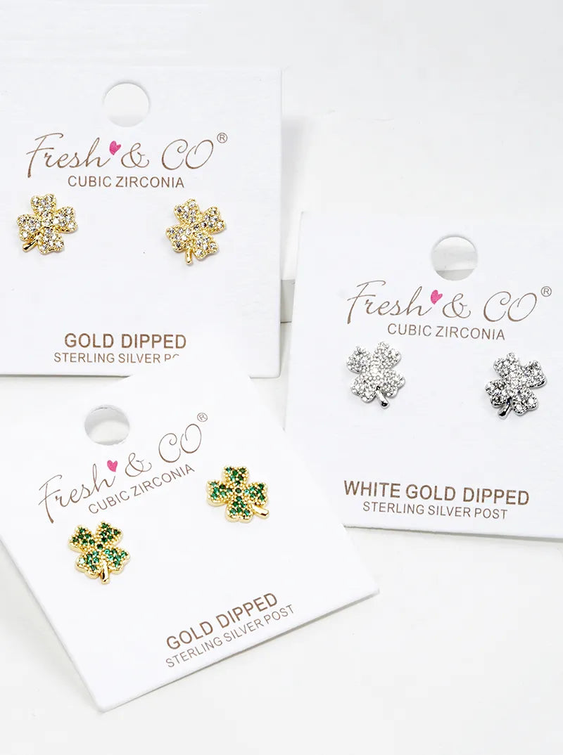 18K Gold Dipped CZ Pave Clover Stud Earrings