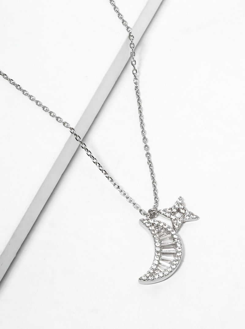 18K Gold Dipped CZ Pave Crescent Moon Pendant Necklace