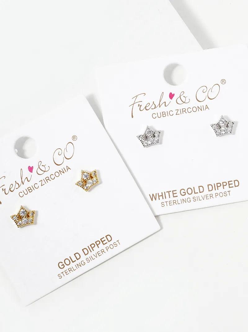 18K-Gold-Dipped CZ Pave Crown Stud Earrings