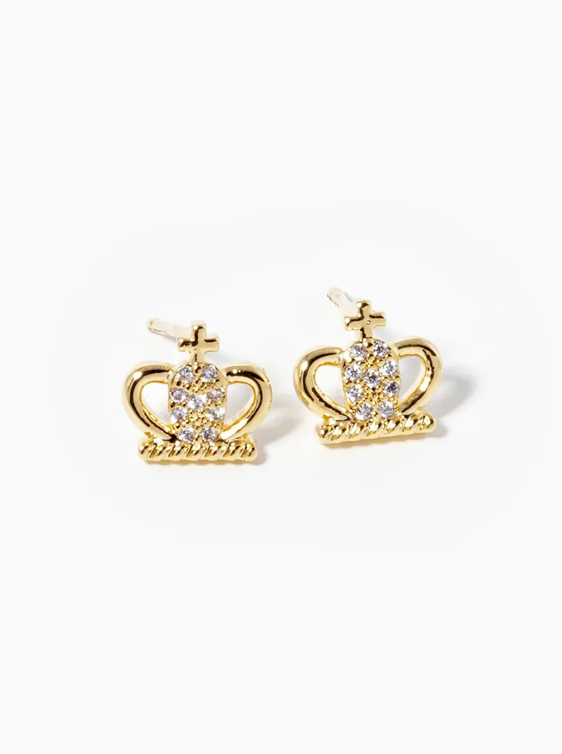 18K-Gold-Dipped CZ Pave Crown Stud Earrings